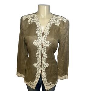 Vintage Marie St. Claire Blazer Womens 8 Brown Linen Lace Crochet Jacket